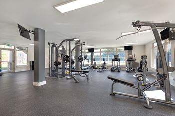 a gym with weights and other exercise equipment in a building with windows